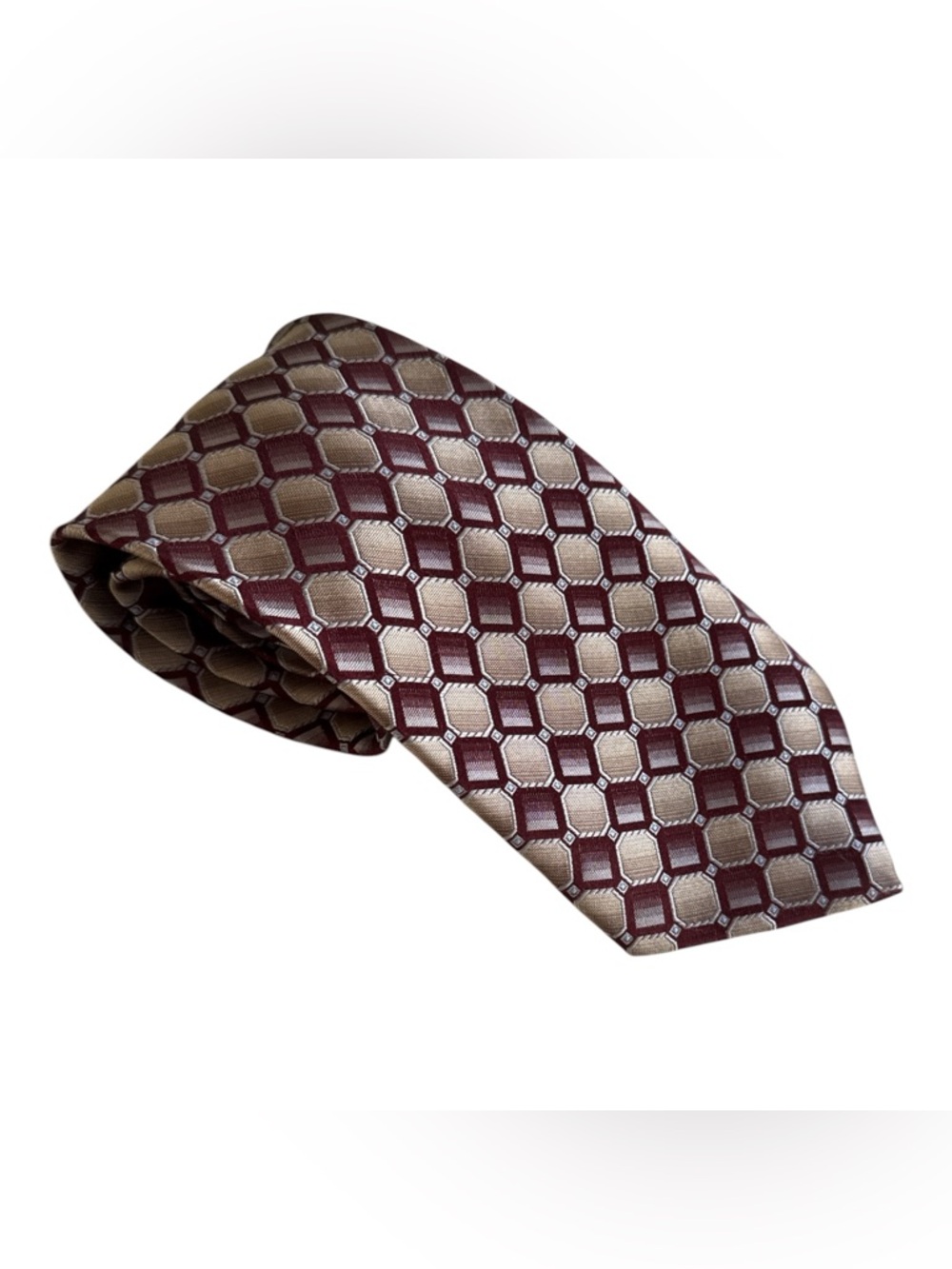 Joseph & Feiss Silk Tie‎ Burgundy Gold Geometric Pattern Classic Office Formal